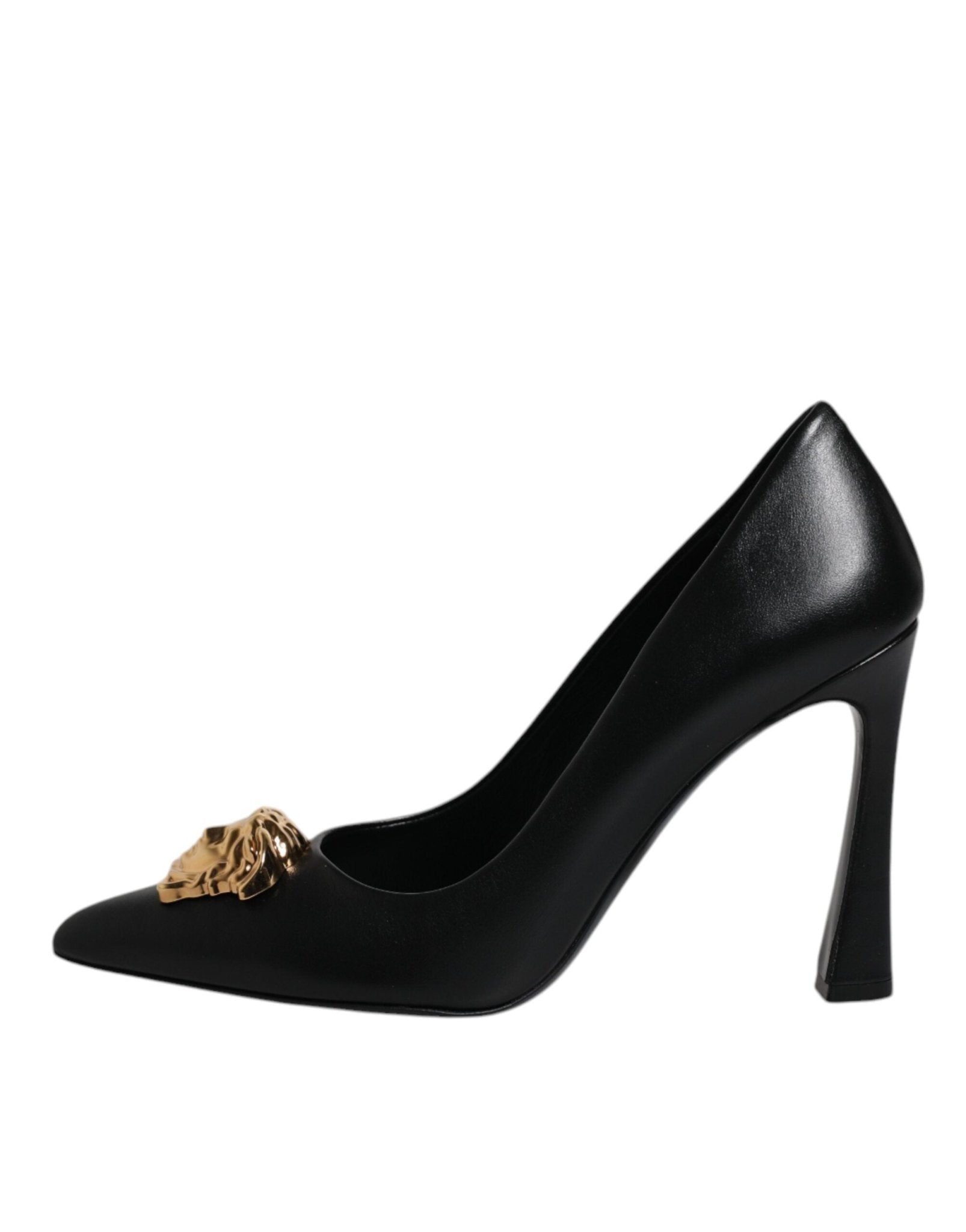 Versace Black Leather Logo Plaque High Heels Pumps Shoes - SMARTMARTNZ