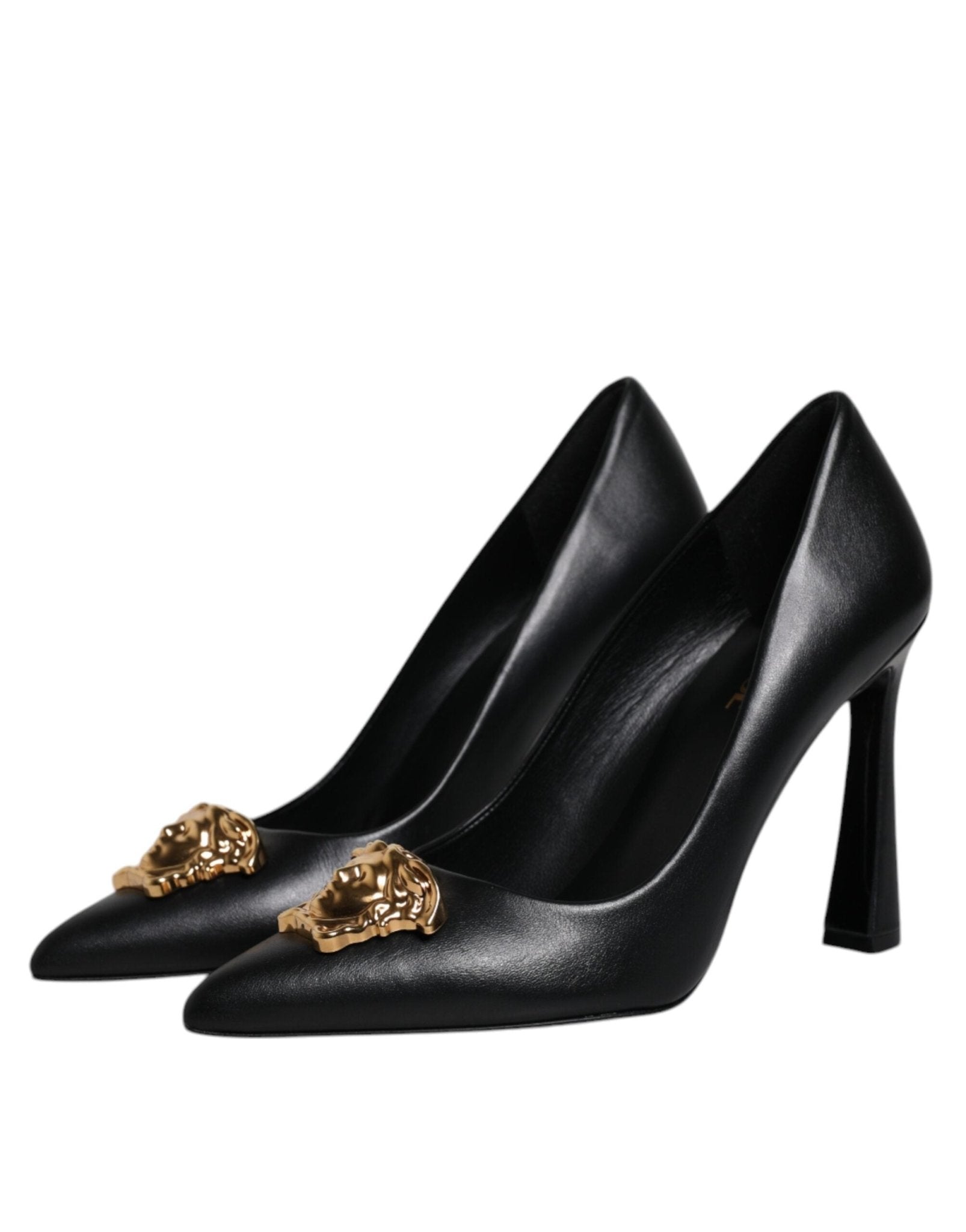 Versace Black Leather Logo Plaque High Heels Pumps Shoes - SMARTMARTNZ