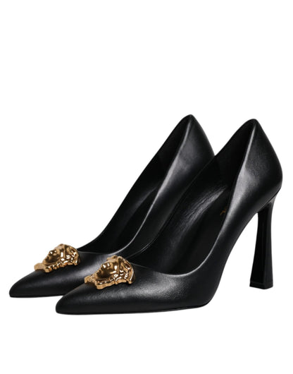 Versace Black Leather Logo Plaque High Heels Pumps Shoes - SMARTMARTNZ
