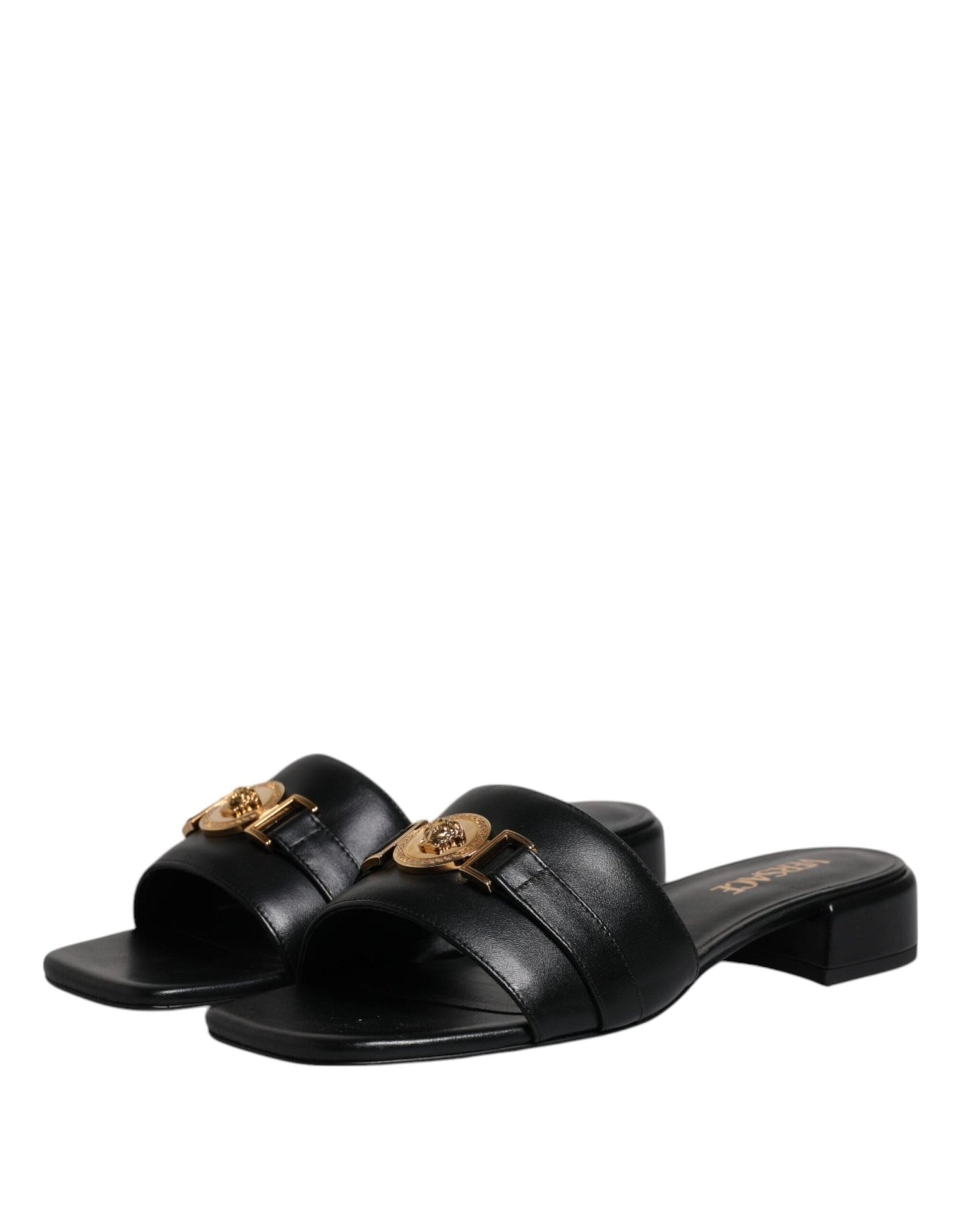 Versace Black Leather Logo Plaque Slip On Slides Flats Shoes - SMARTMARTNZ