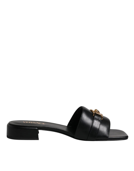 Versace Black Leather Logo Plaque Slip On Slides Flats Shoes - SMARTMARTNZ