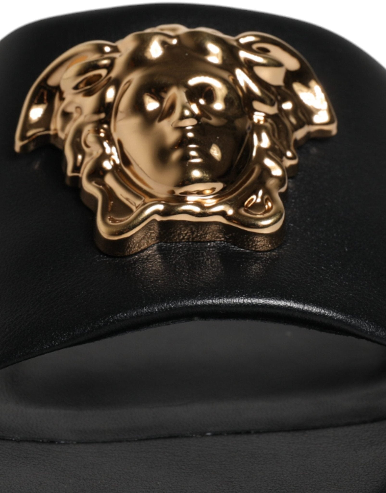 Versace Black Leather Logo Plaque Slip On Slides Flats Shoes - SMARTMARTNZ