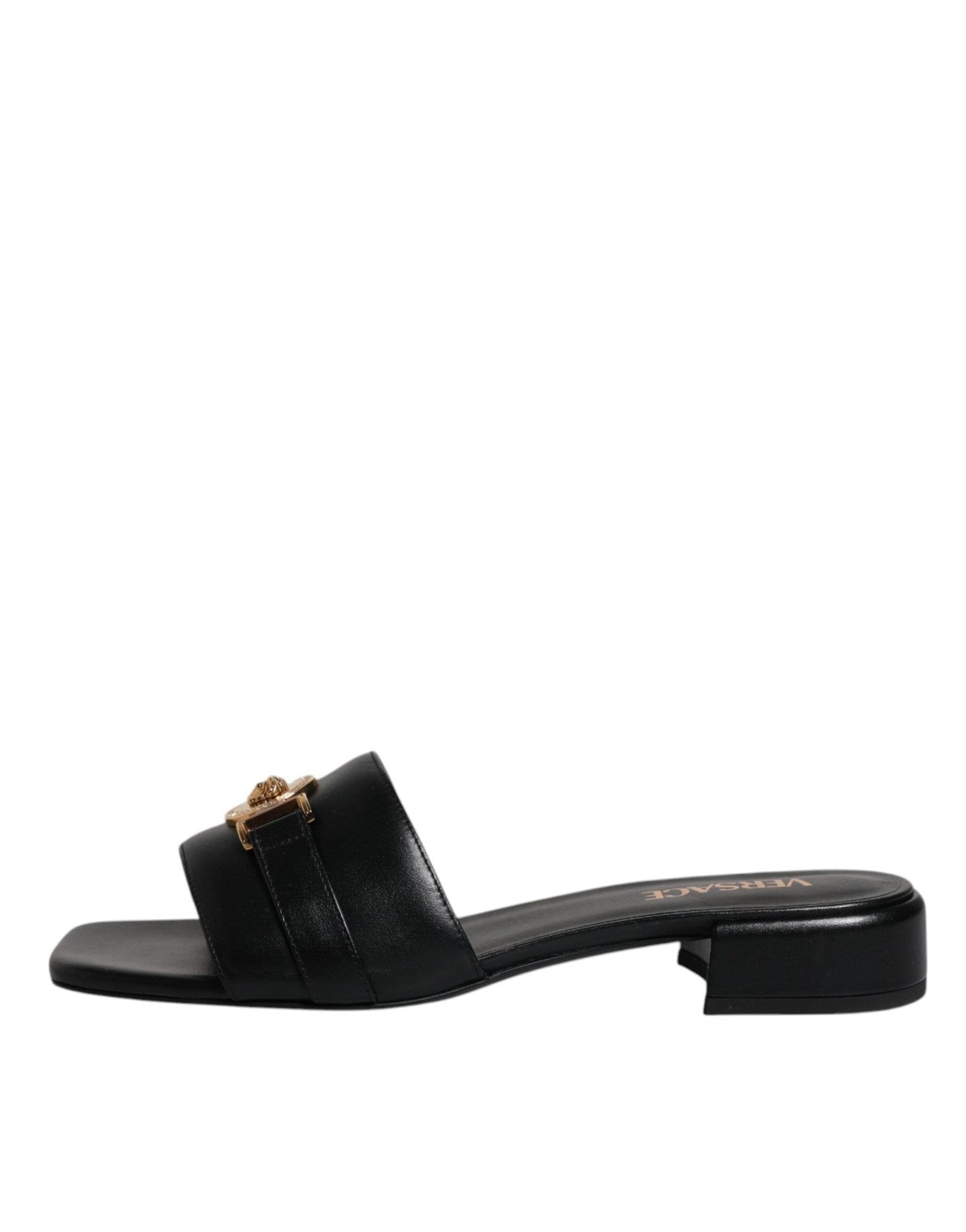 Versace Black Leather Logo Plaque Slip On Slides Flats Shoes - SMARTMARTNZ