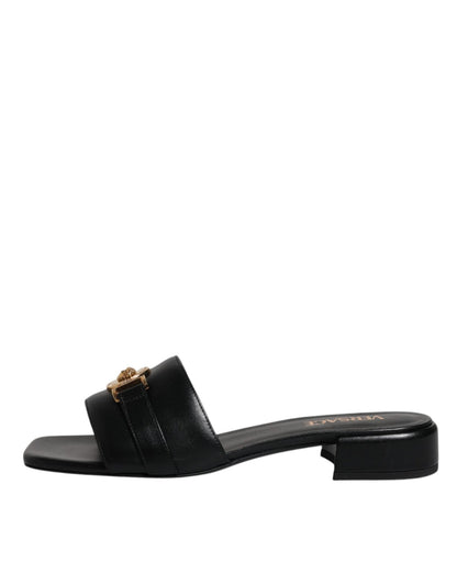Versace Black Leather Logo Plaque Slip On Slides Flats Shoes - SMARTMARTNZ