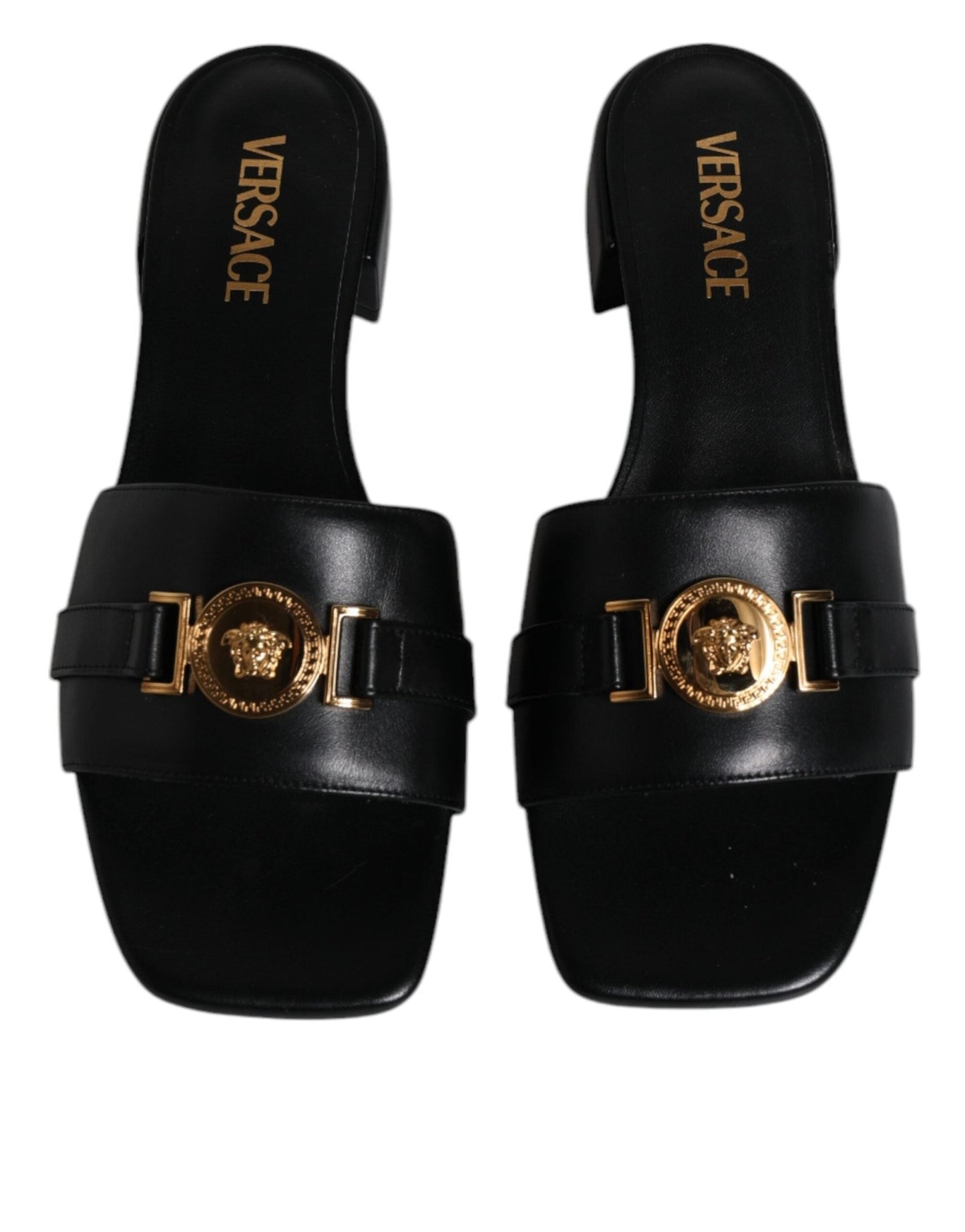 Versace Black Leather Logo Plaque Slip On Slides Flats Shoes - SMARTMARTNZ