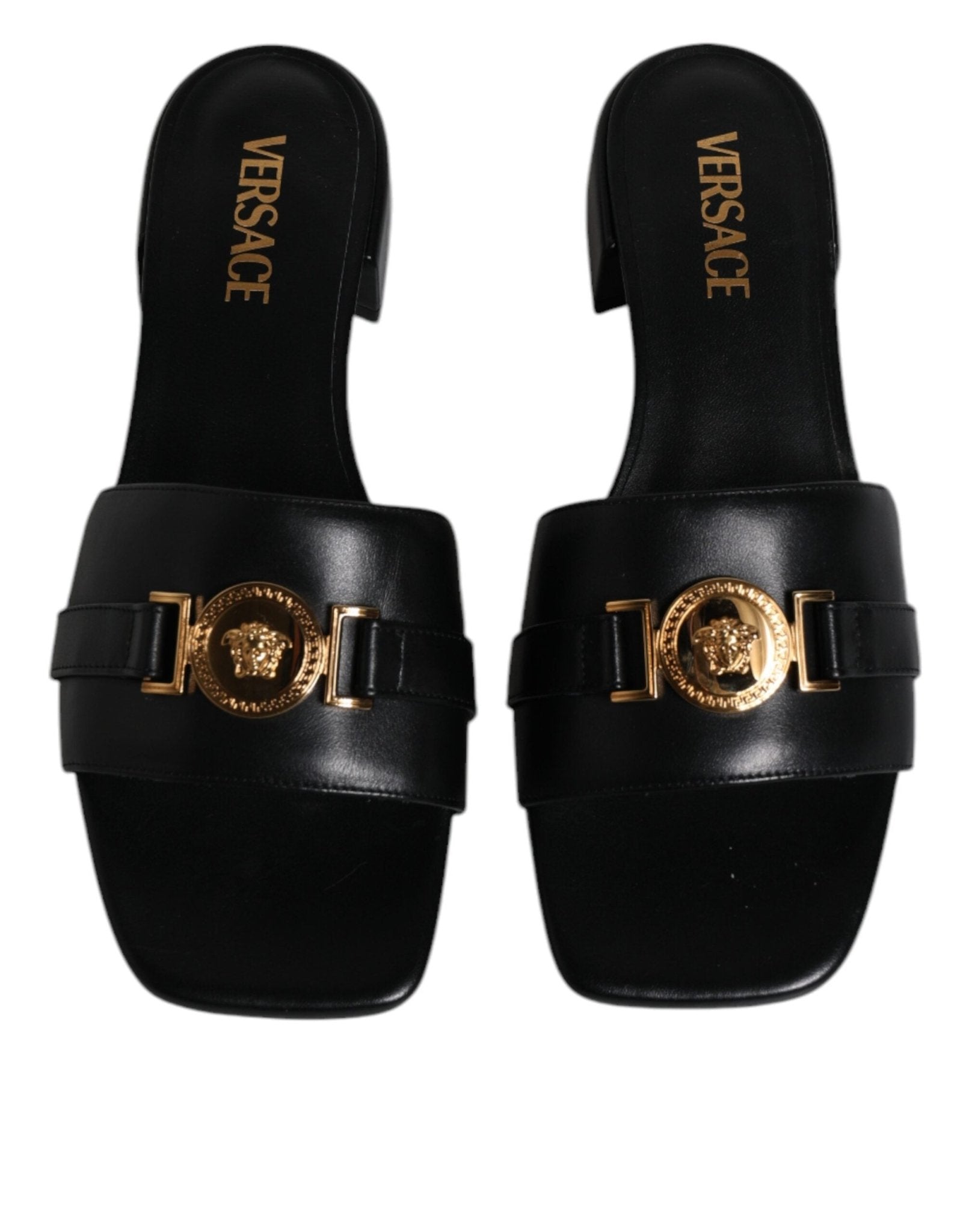 Versace Black Leather Logo Plaque Slip On Slides Flats Shoes - SMARTMARTNZ
