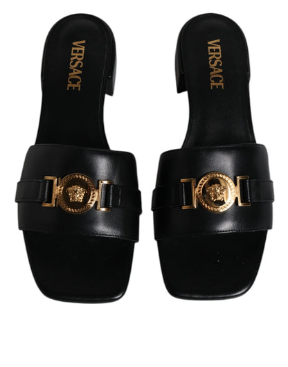 Versace Black Leather Logo Plaque Slip On Slides Flats Shoes - SMARTMARTNZ
