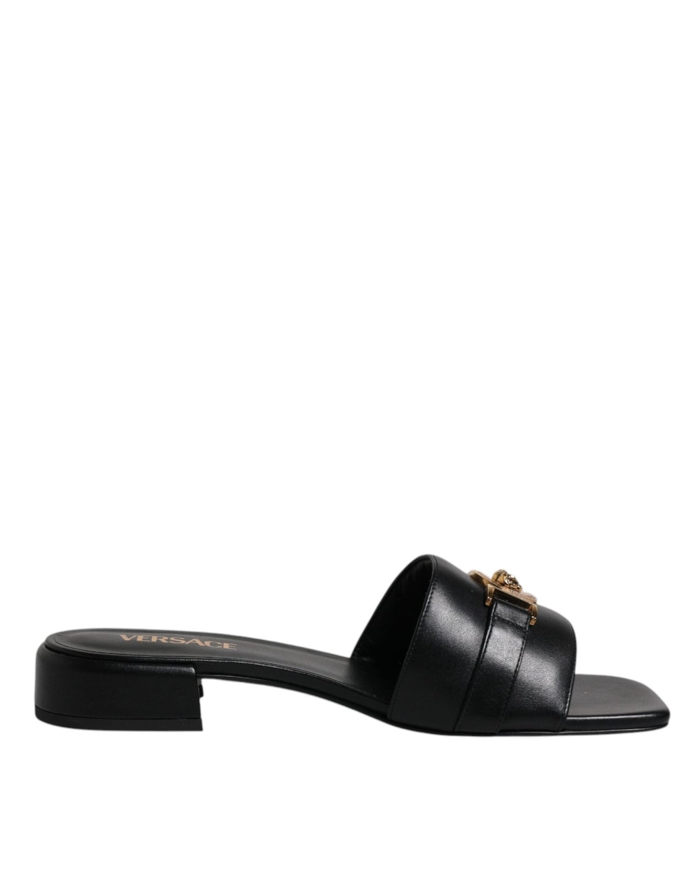 Versace Black Leather Logo Plaque Slip On Slides Flats Shoes - SMARTMARTNZ