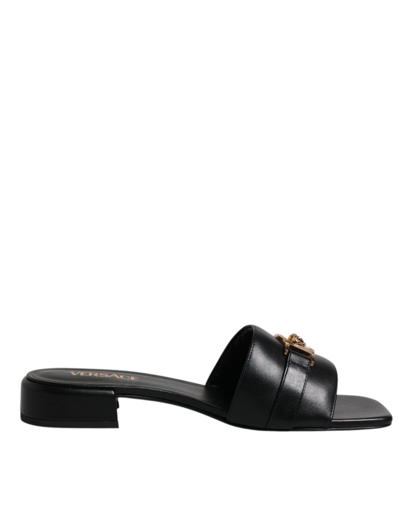 Versace Black Leather Logo Plaque Slip On Slides Flats Shoes - SMARTMARTNZ