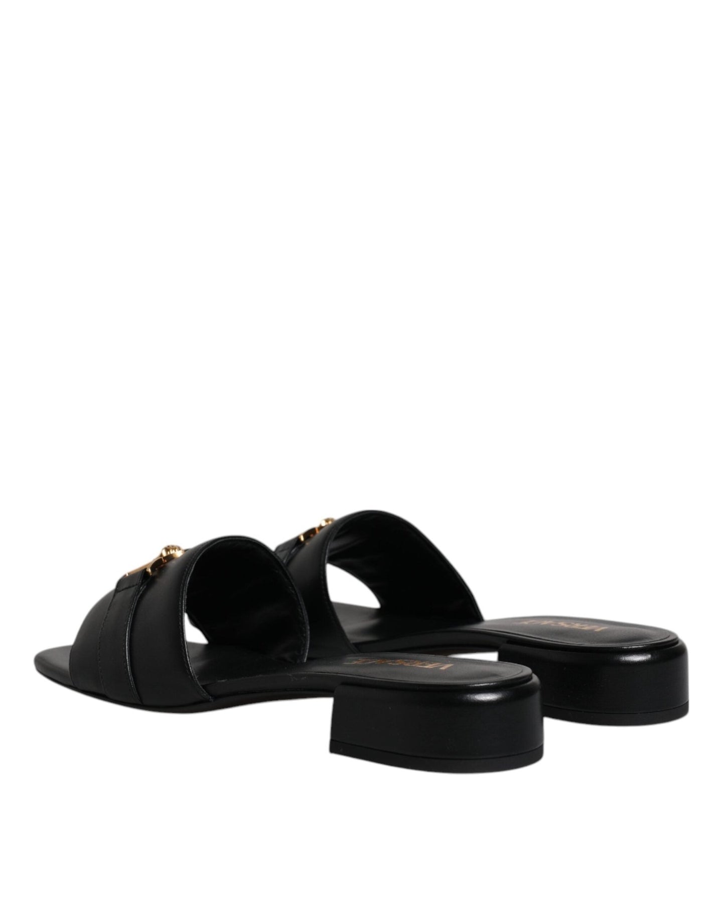 Versace Black Leather Logo Plaque Slip On Slides Flats Shoes - SMARTMARTNZ