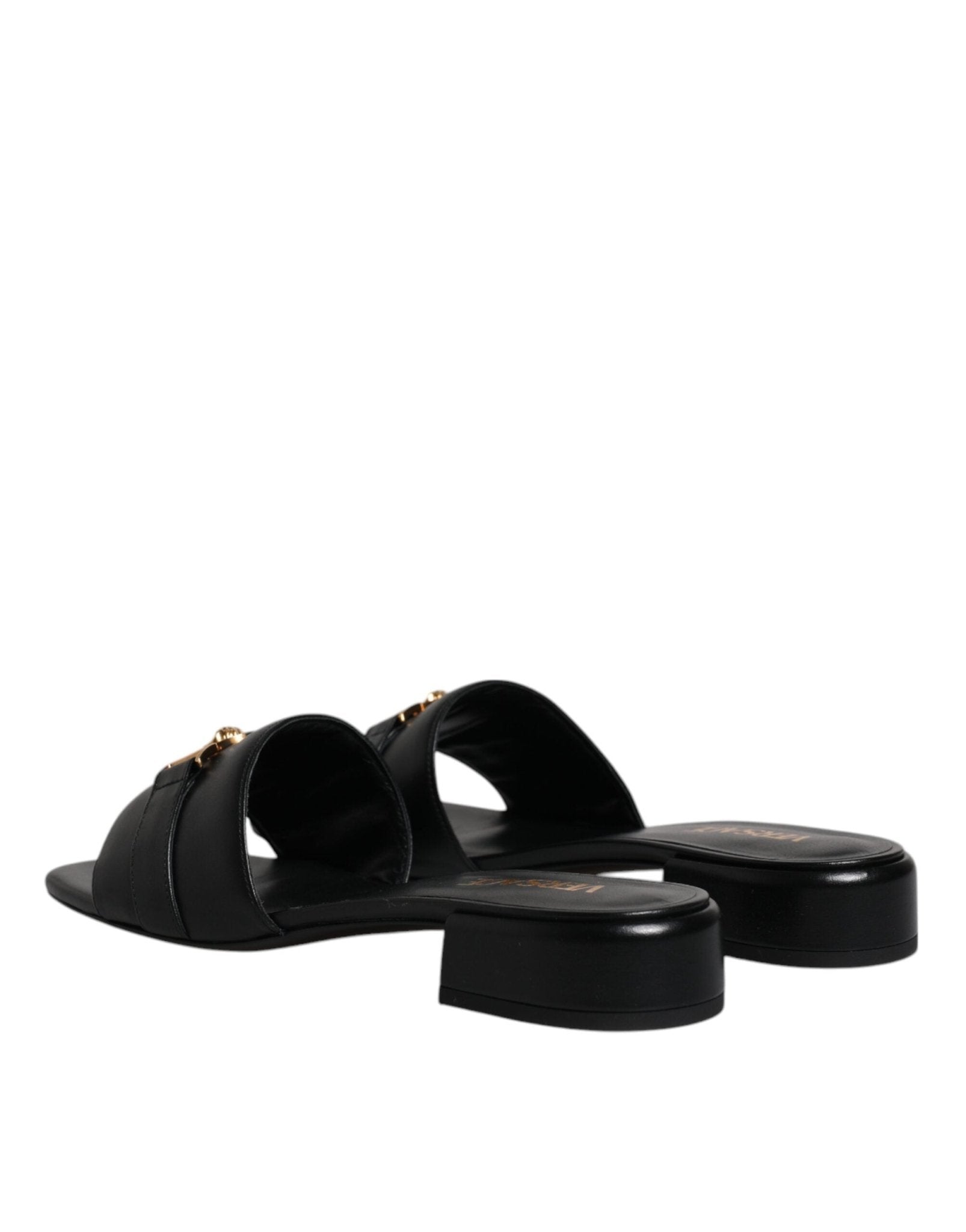 Versace Black Leather Logo Plaque Slip On Slides Flats Shoes - SMARTMARTNZ