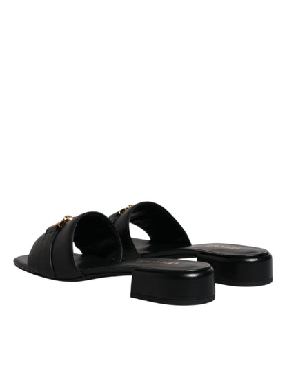 Versace Black Leather Logo Plaque Slip On Slides Flats Shoes - SMARTMARTNZ