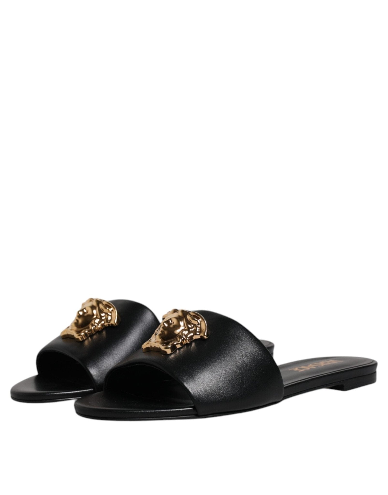 Versace Black Leather Logo Plaque Slip On Slides Flats Shoes - SMARTMARTNZ