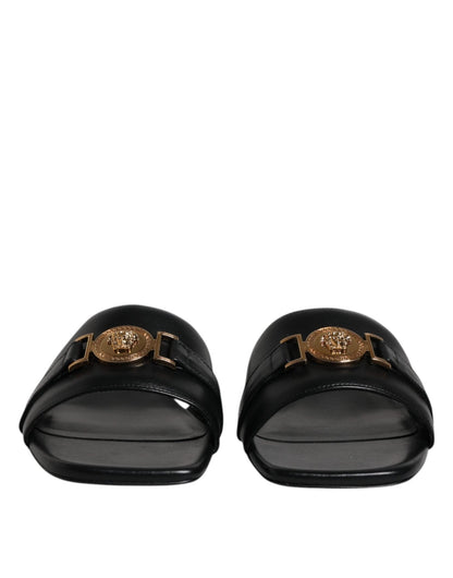 Versace Black Leather Logo Plaque Slip On Slides Flats Shoes - SMARTMARTNZ