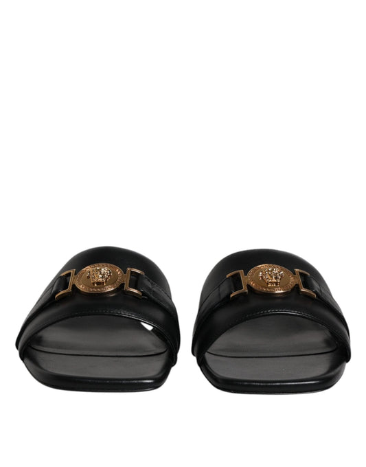 Versace Black Leather Logo Plaque Slip On Slides Flats Shoes - SMARTMARTNZ