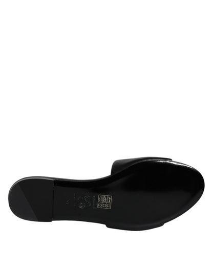 Versace Black Leather Logo Plaque Slip On Slides Flats Shoes - SMARTMARTNZ