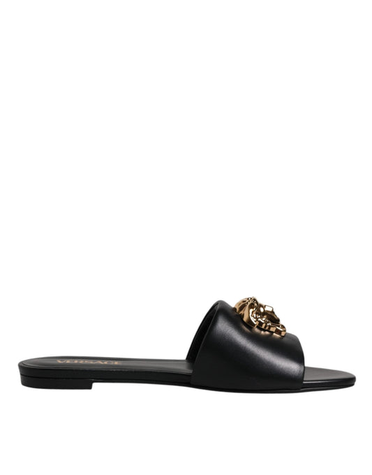 Versace Black Leather Logo Plaque Slip On Slides Flats Shoes - SMARTMARTNZ
