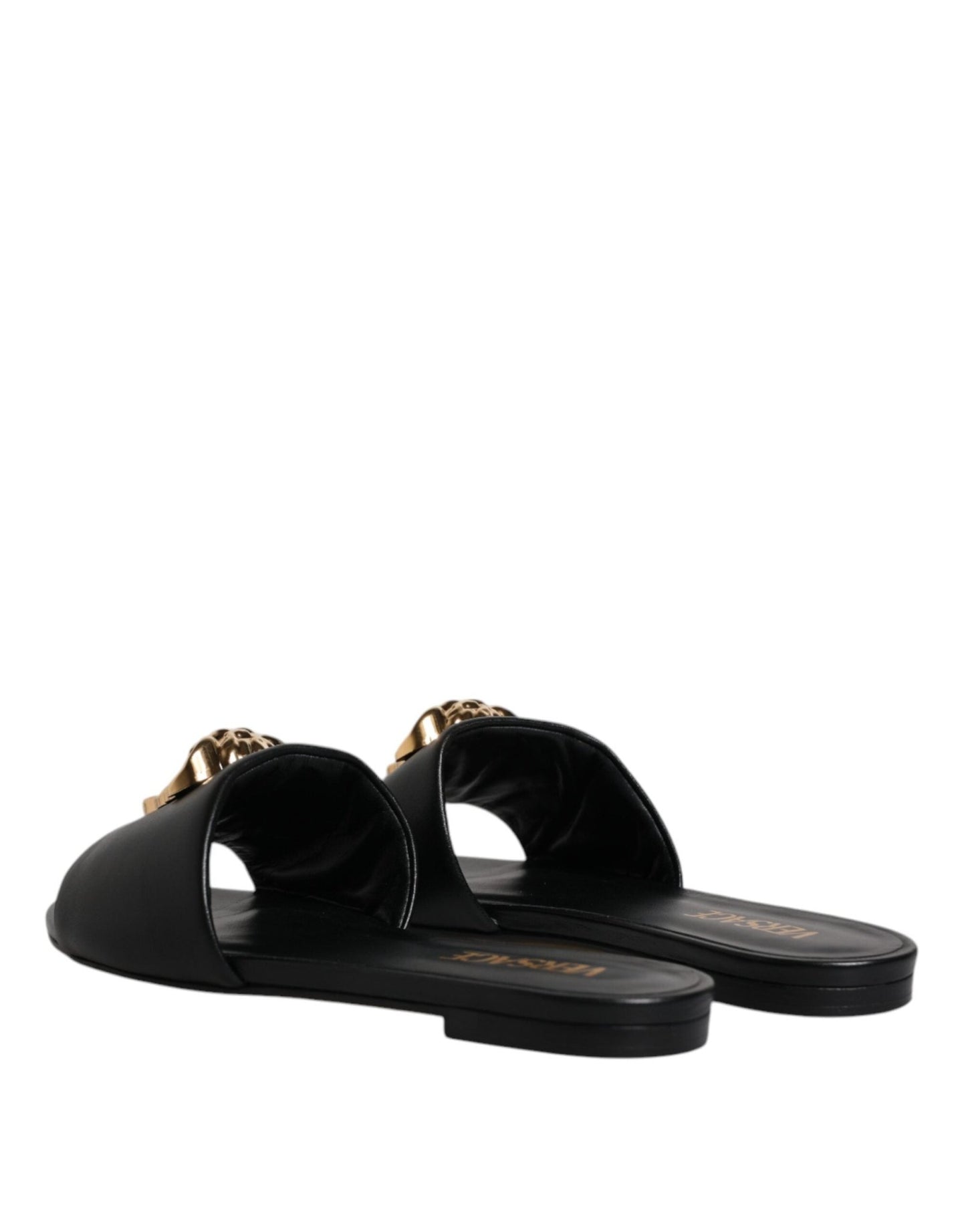 Versace Black Leather Logo Plaque Slip On Slides Flats Shoes - SMARTMARTNZ