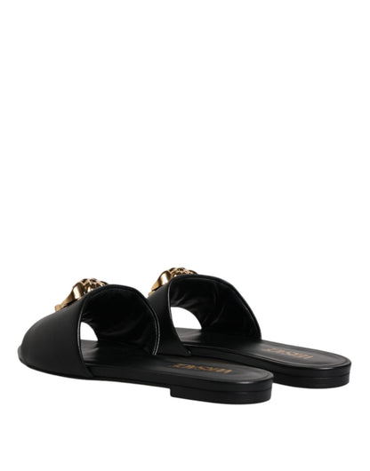 Versace Black Leather Logo Plaque Slip On Slides Flats Shoes - SMARTMARTNZ