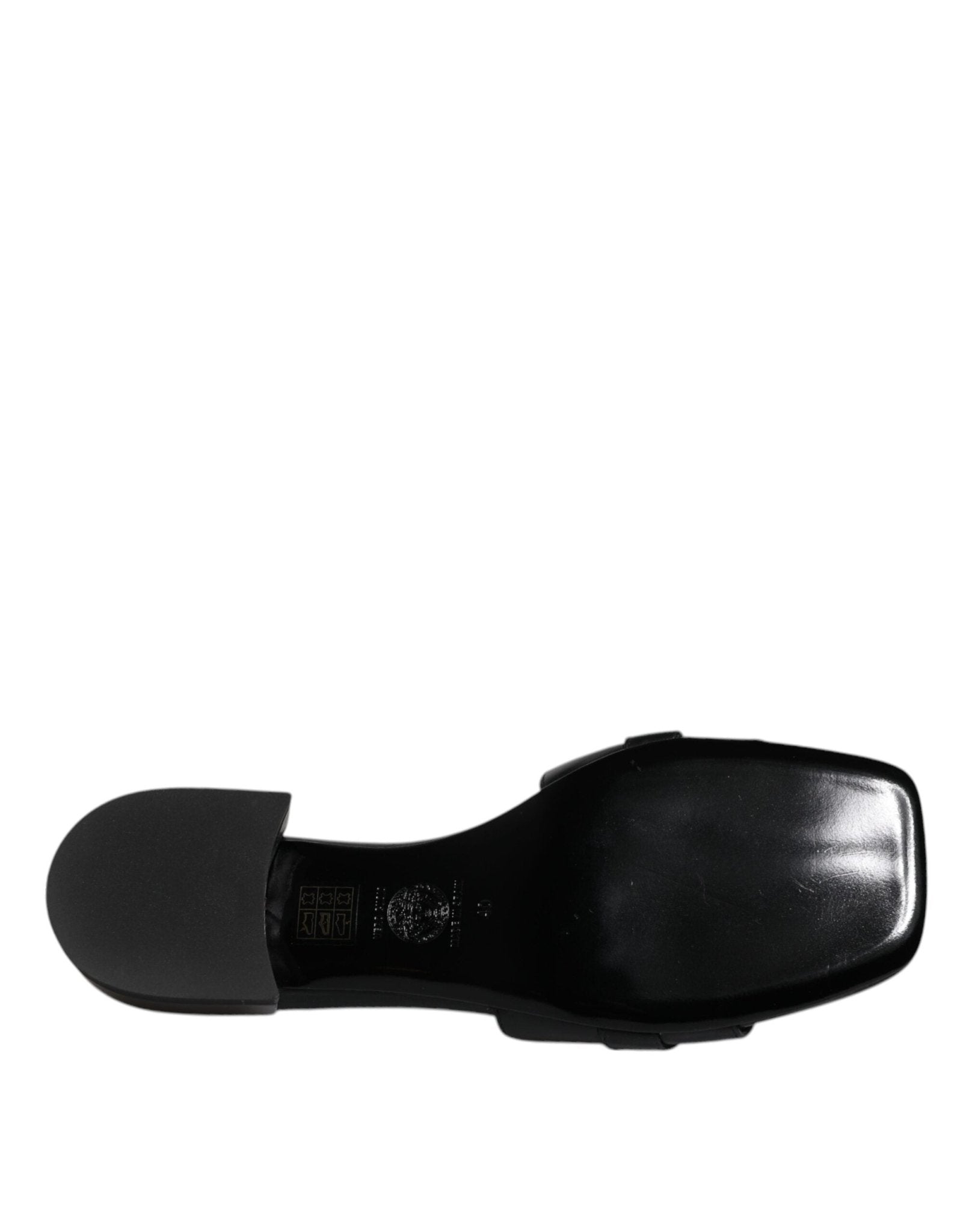 Versace Black Leather Logo Plaque Slip On Slides Flats Shoes - SMARTMARTNZ