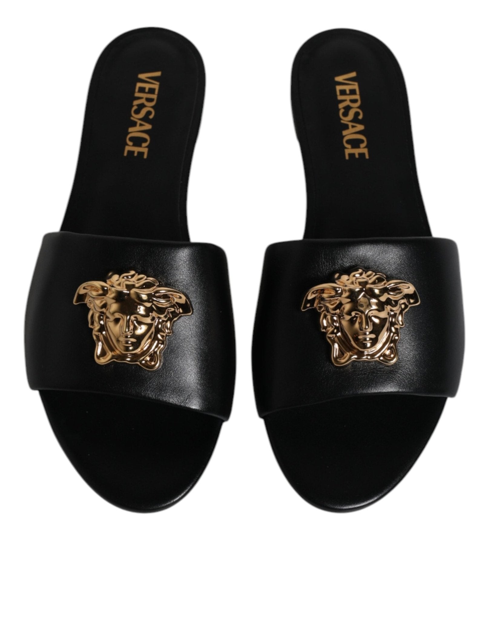 Versace Black Leather Logo Plaque Slip On Slides Flats Shoes - SMARTMARTNZ