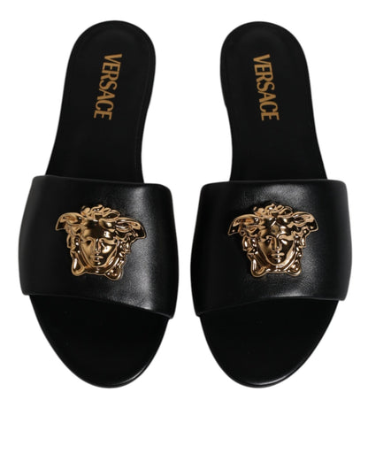 Versace Black Leather Logo Plaque Slip On Slides Flats Shoes - SMARTMARTNZ