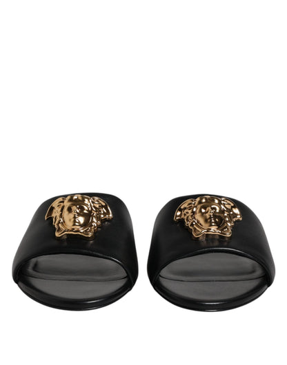Versace Black Leather Logo Plaque Slip On Slides Flats Shoes - SMARTMARTNZ