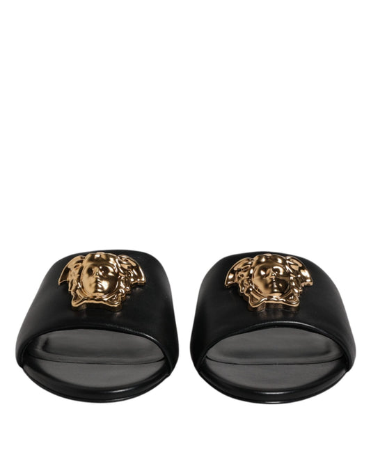 Versace Black Leather Logo Plaque Slip On Slides Flats Shoes - SMARTMARTNZ