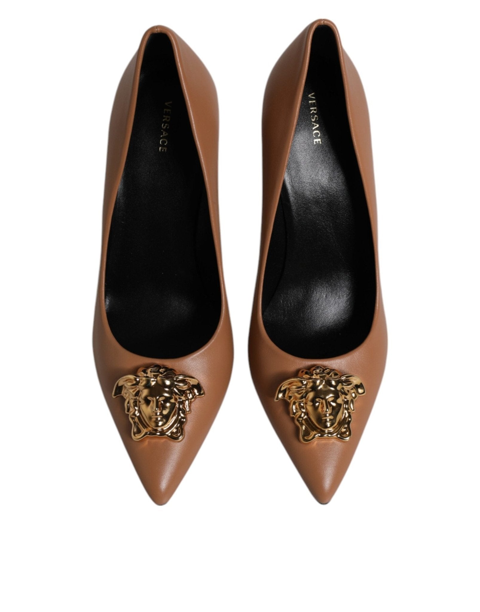 Versace Brown Leather Logo Plaque High Heels Pumps Shoes - SMARTMARTNZ