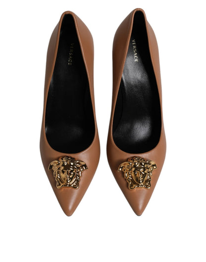 Versace Brown Leather Logo Plaque High Heels Pumps Shoes - SMARTMARTNZ