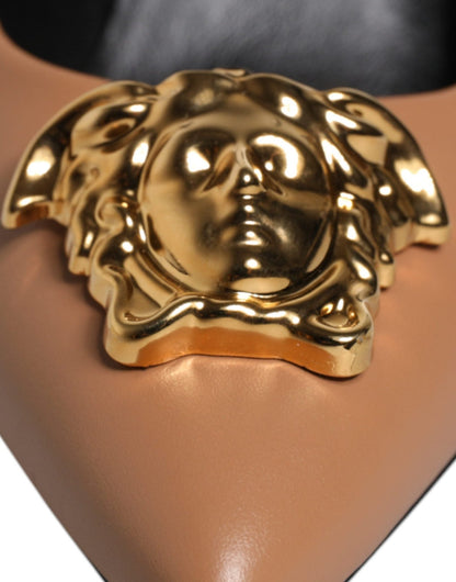 Versace Brown Leather Logo Plaque High Heels Pumps Shoes - SMARTMARTNZ