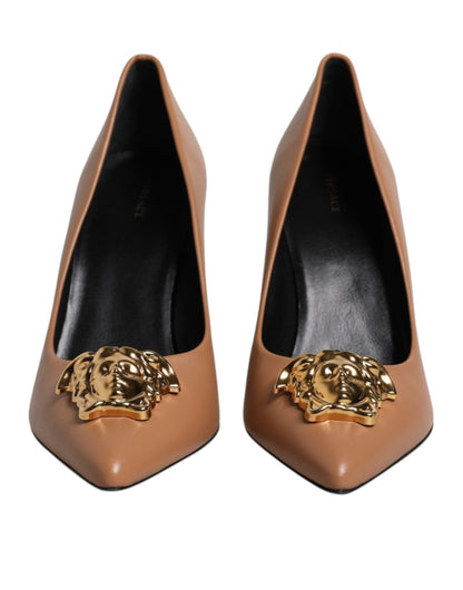 Versace Brown Leather Logo Plaque High Heels Pumps Shoes - SMARTMARTNZ