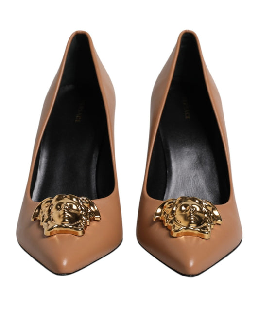 Versace Brown Leather Logo Plaque High Heels Pumps Shoes - SMARTMARTNZ