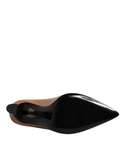 Versace Brown Leather Logo Plaque High Heels Pumps Shoes - SMARTMARTNZ