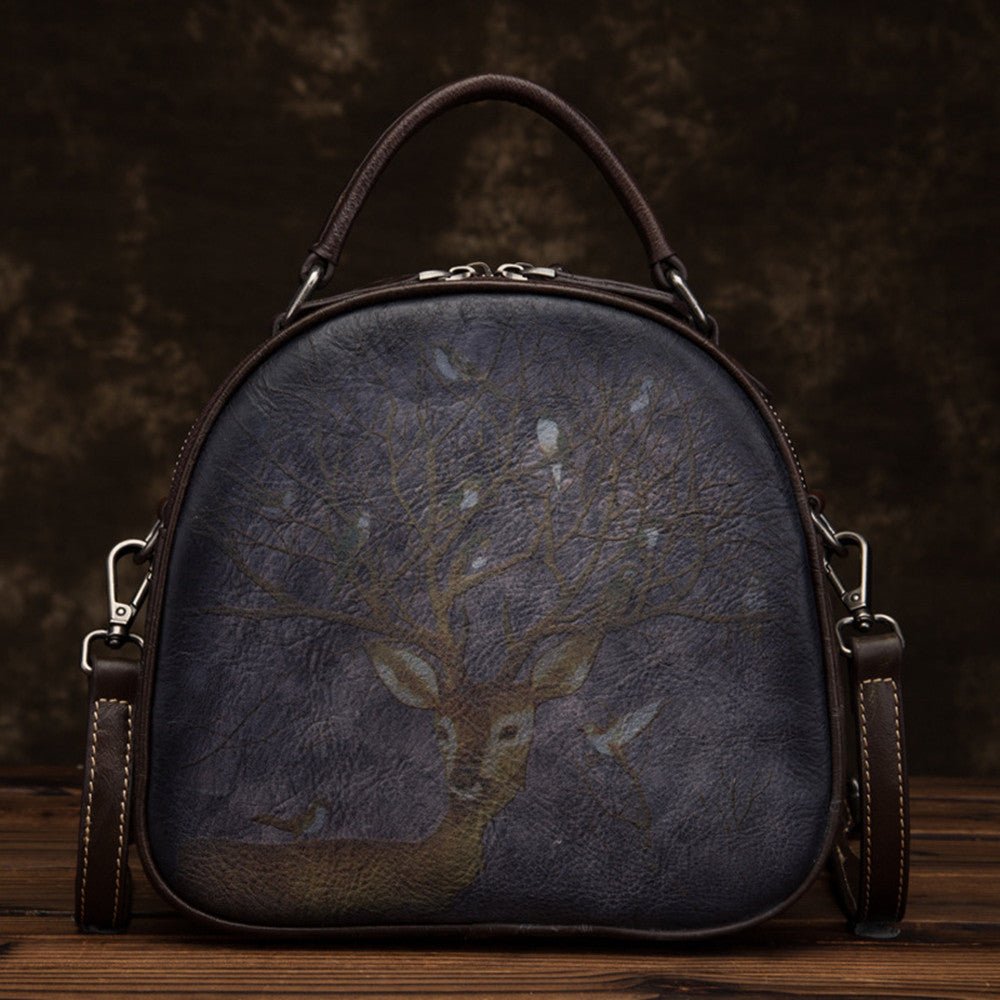 Vintage - Style Leather Bag with Deer & Bird Art Hand - Painted Detailing | Timeless Beauty in Every Stroke - SMARTMARTNZ