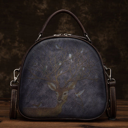 Vintage - Style Leather Bag with Deer & Bird Art Hand - Painted Detailing | Timeless Beauty in Every Stroke - SMARTMARTNZ