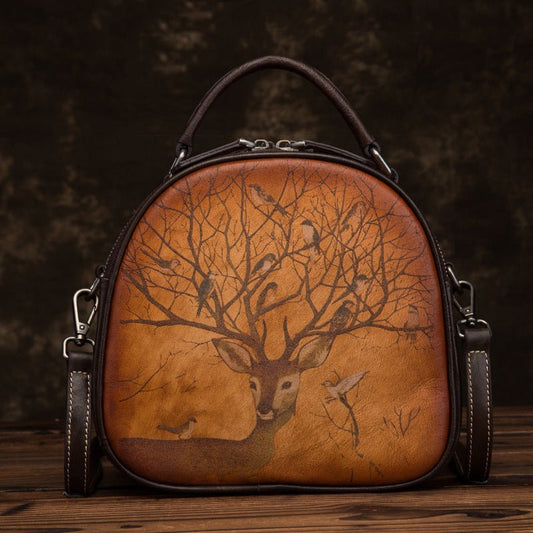 Vintage - Style Leather Bag with Deer & Bird Art Hand - Painted Detailing | Timeless Beauty in Every Stroke - SMARTMARTNZ