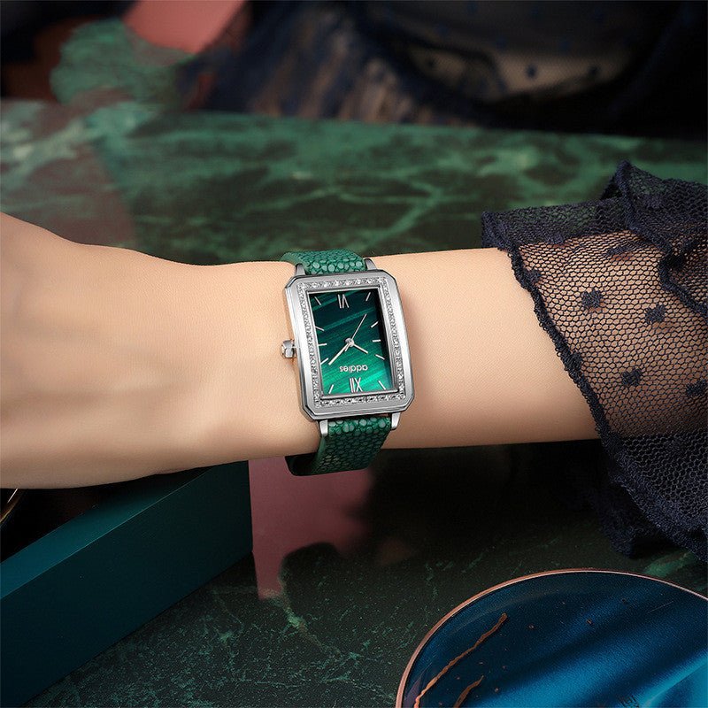 Women’s Exquisite Small Green Square Watch Set – Elegant Gift Box - SMARTMARTNZ