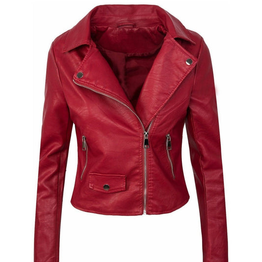Women's Fall Winter Coat Slim PU Leather Short Zipper Leather Jacket Leather Coat - SMARTMARTNZ