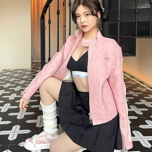 Women's Short Pink Zipper Stitching Leather Coat - SMARTMARTNZ