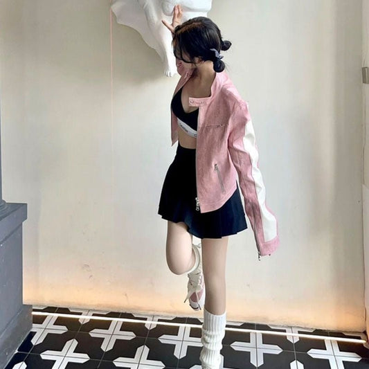 Women's Short Pink Zipper Stitching Leather Coat - SMARTMARTNZ