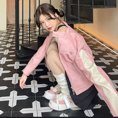 Women's Short Pink Zipper Stitching Leather Coat - SMARTMARTNZ